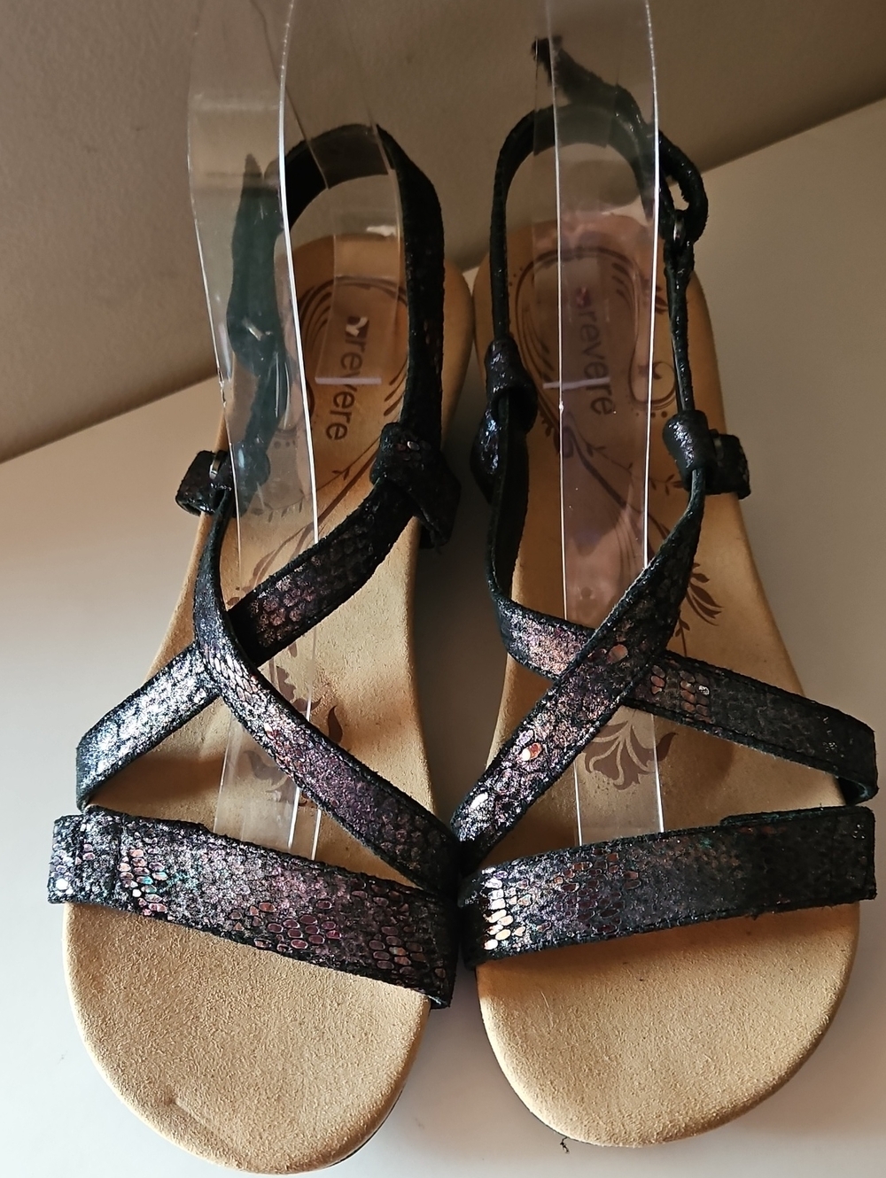 NWOT REVERE BLACK METALLIC PYTHON TEXTURE SLINGBACK WEDGE SZ 42/11
